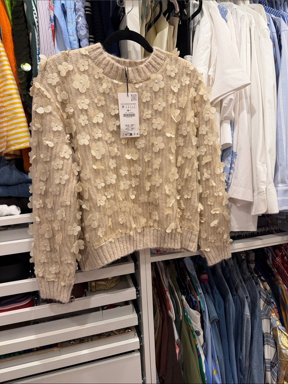 Zara Floral Appliqué Crewneck Sweater - Cream